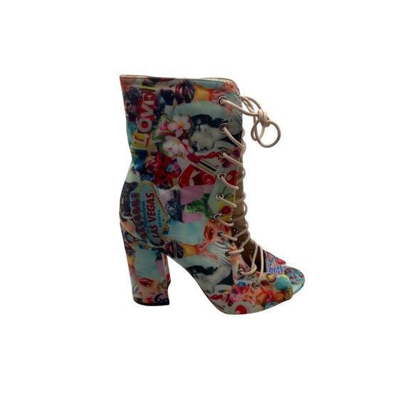Chase & Chloe Size 7 Las Vegas Print Lace-Up Peep-Toe Ankle Boots - Picture 4 of 14